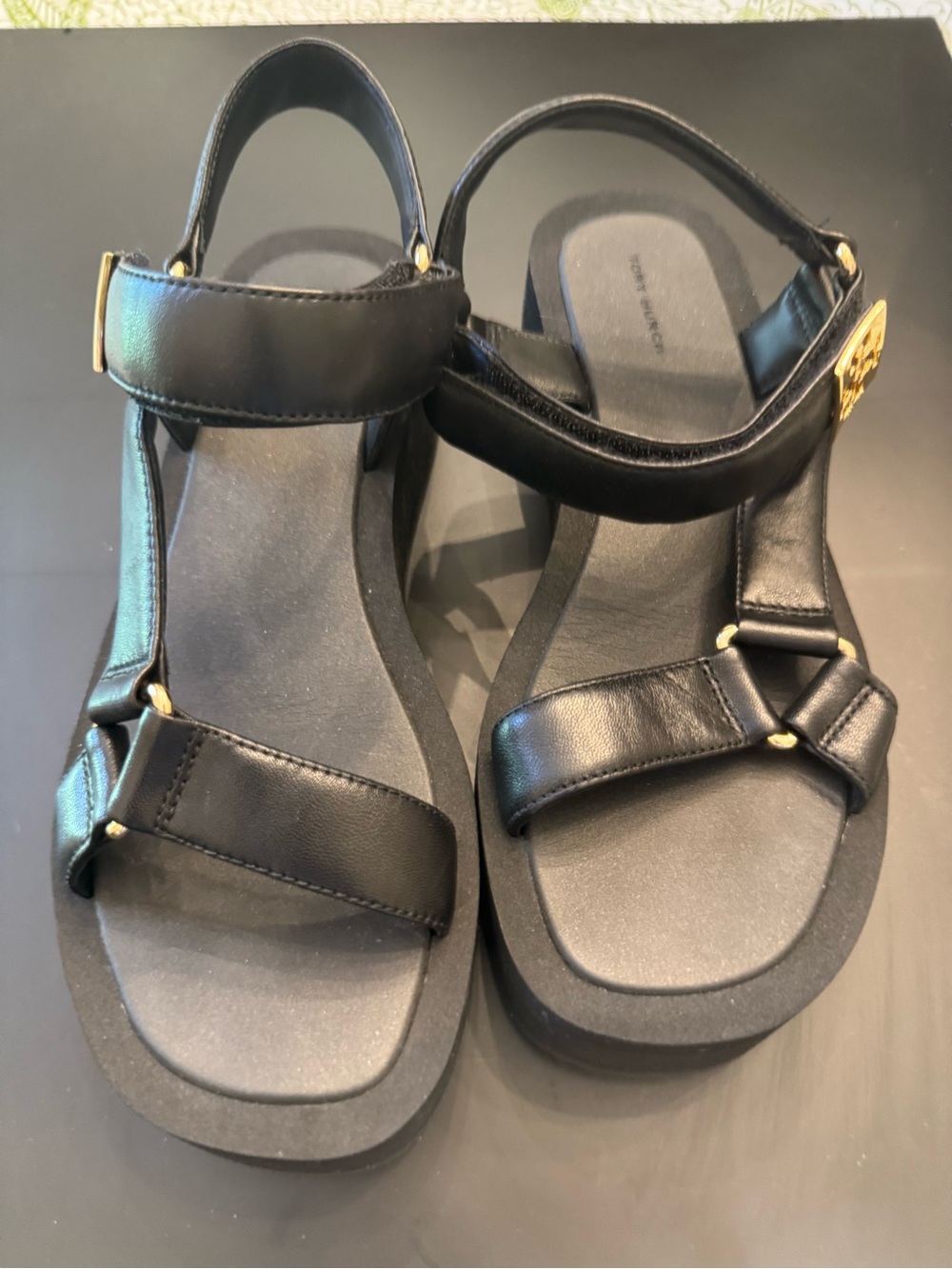 Tory Burch Black Leather Sport Sandal with Gold Logo Accent